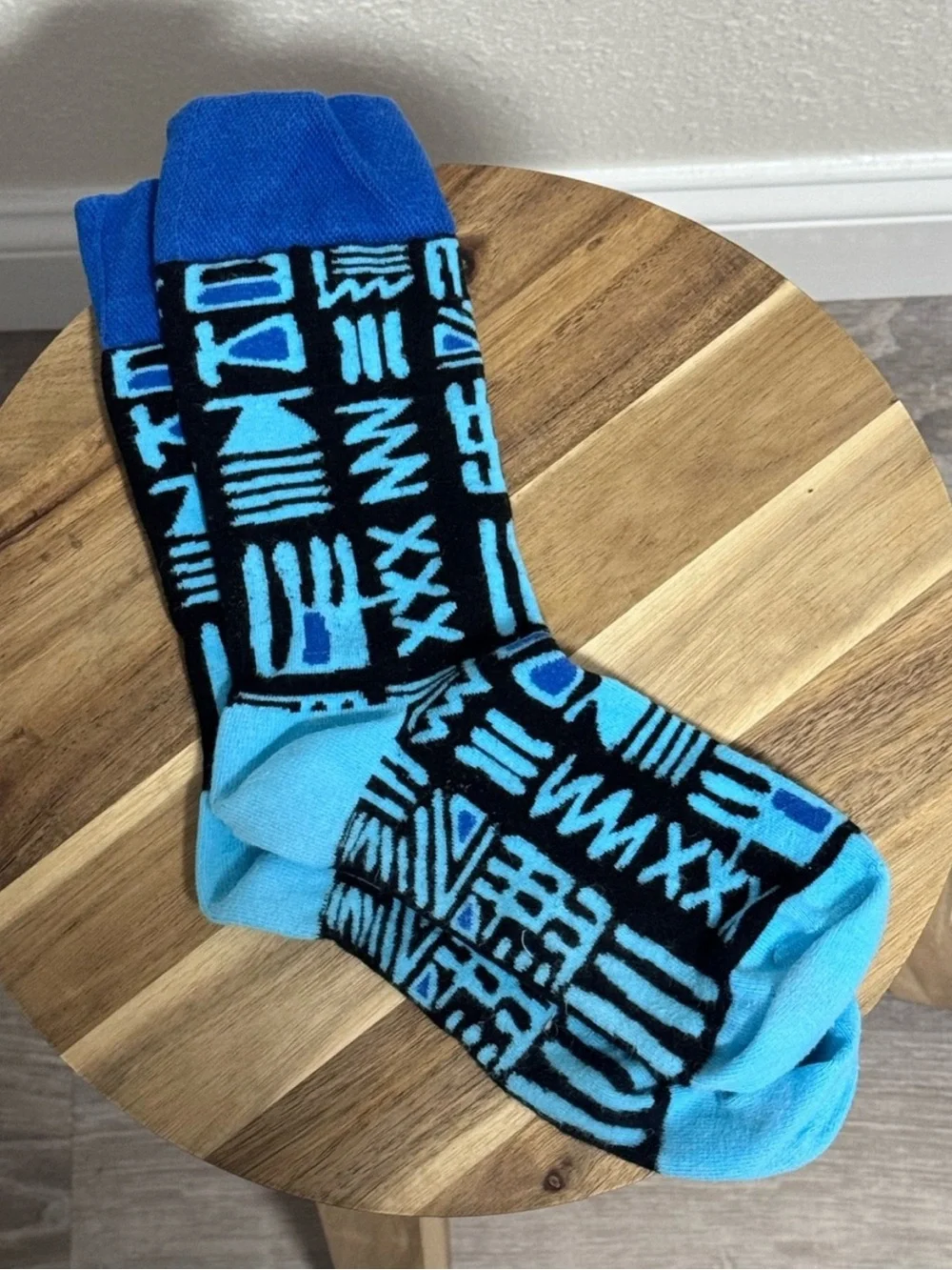 OSFM Afropop Tribal Graphic Crew Socks Blue & Black Geometric Print Unisex